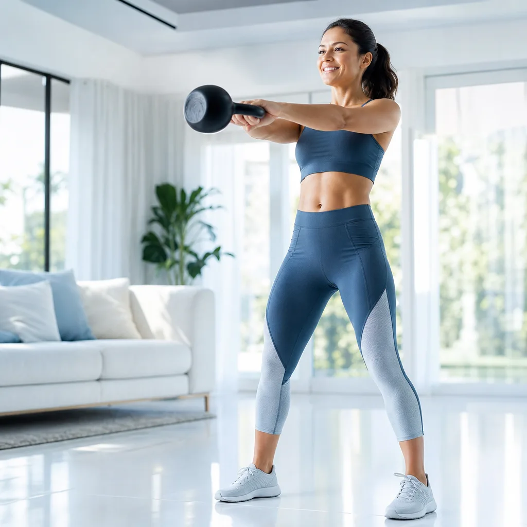 Smiling woman doing a kettlebell swing exercise in a bright living room with natural light