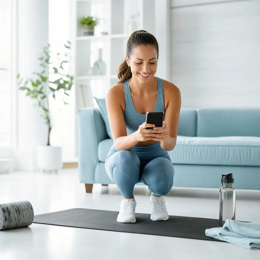 Smiling woman checking a phone timer before starting a short workout in a bright living room