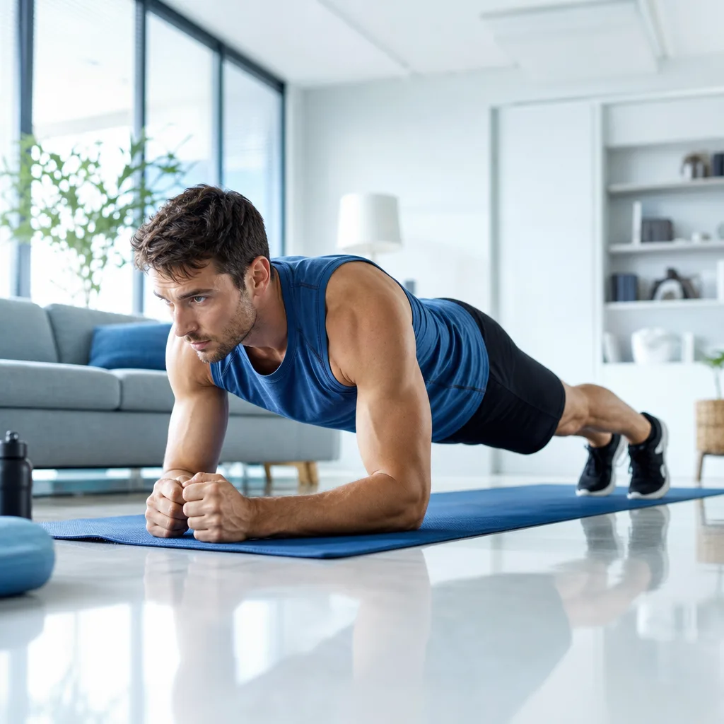 Athletic man doing a plank exercise on a mat in a bright living room