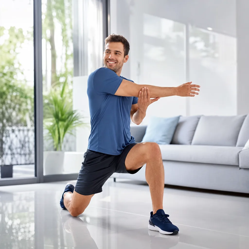 Smiling man stretching after a short workout in a bright living room with natural light