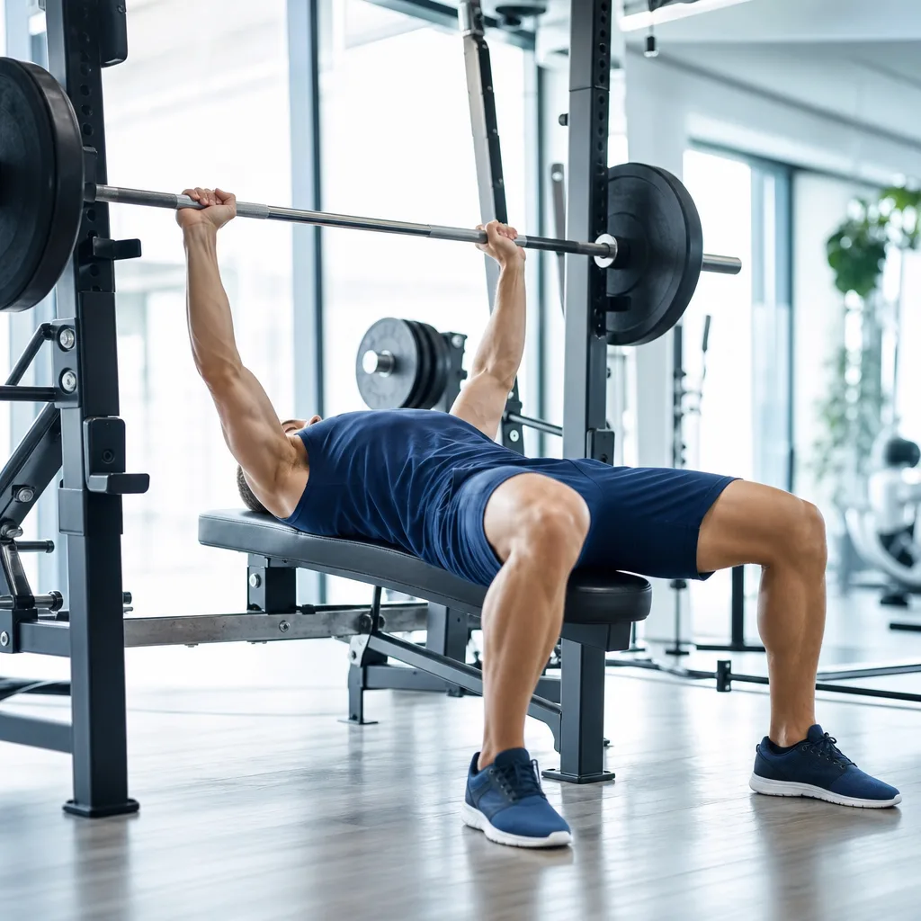 athletic man in dark blue sportswear performing a bench press in a bright gym