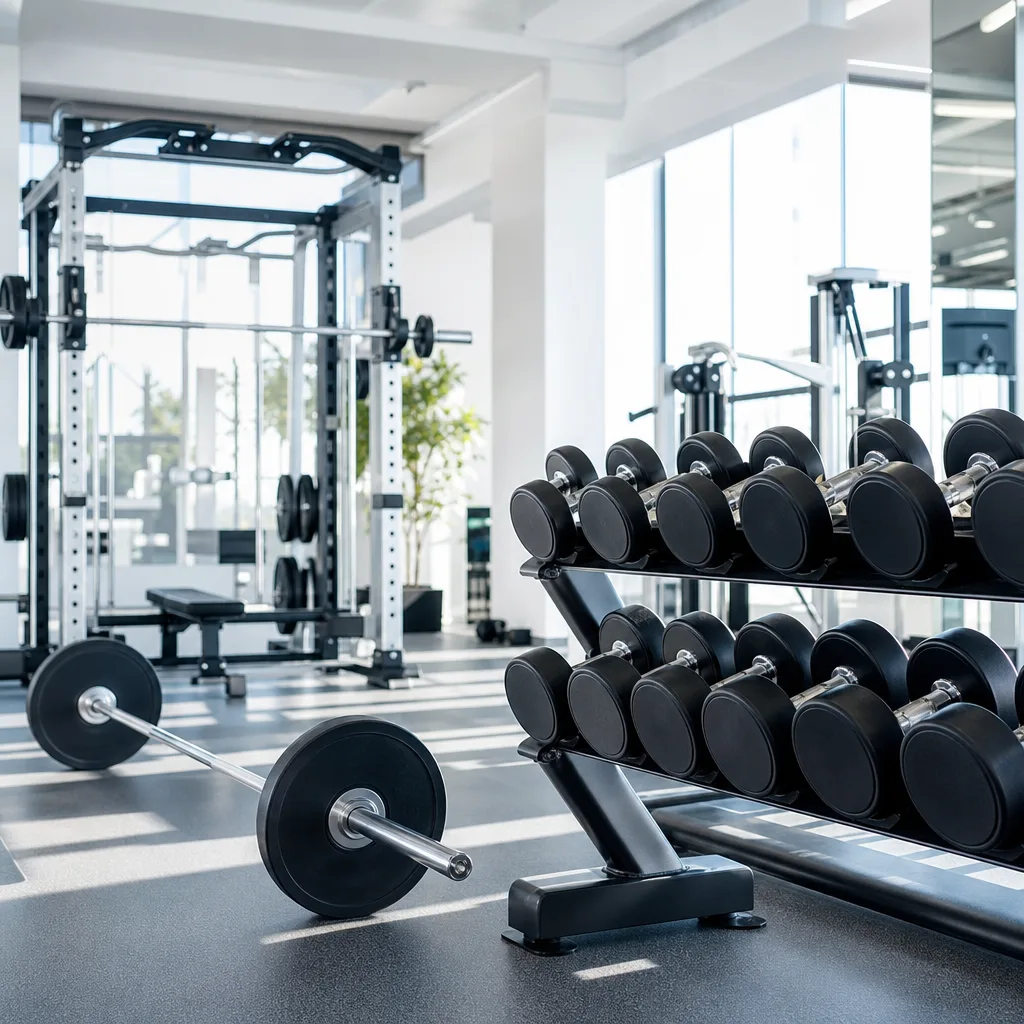 rack of dumbbells and a barbell in a bright well lit gym