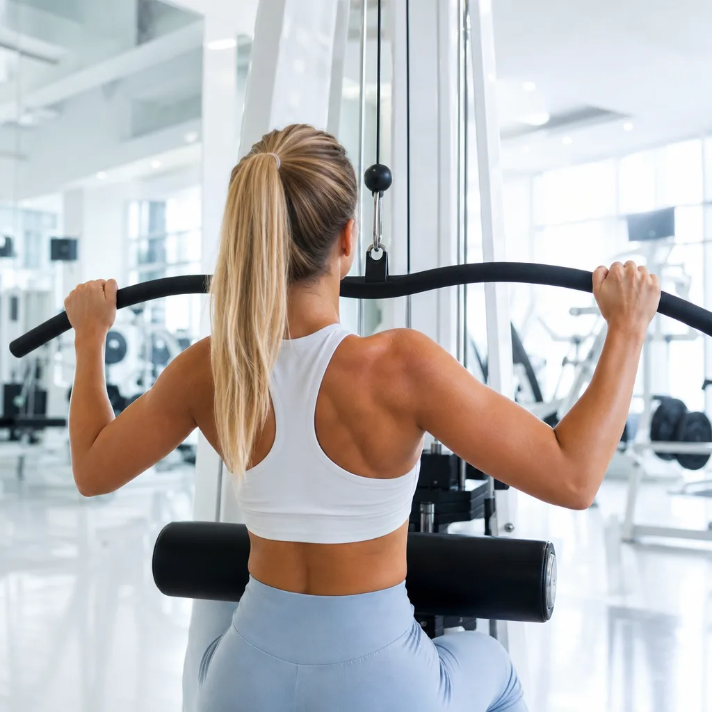 woman doing a cable lat pulldown in a bright modern gym