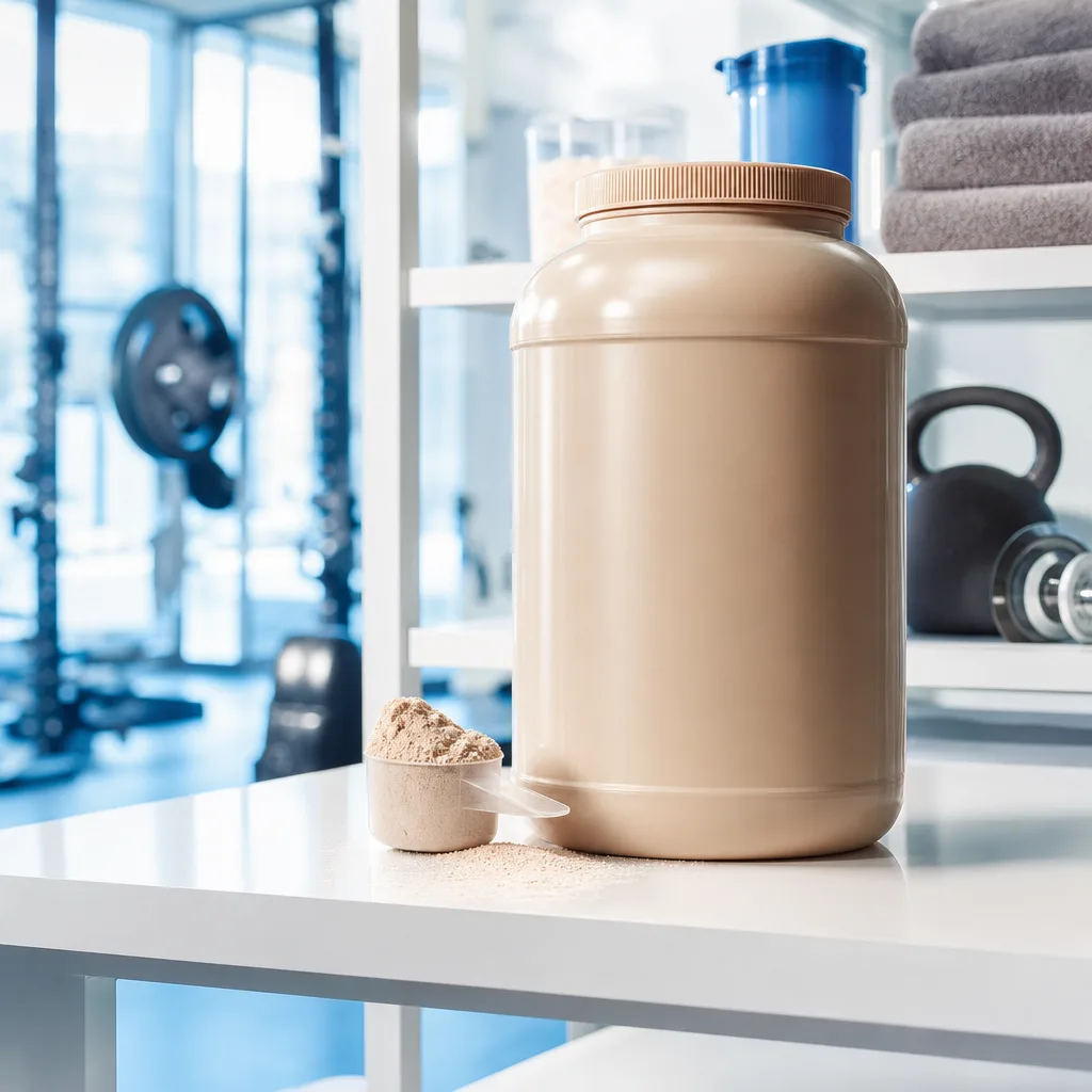 large tub of beige protein powder with a measuring scoop on a gym shelf, no labels