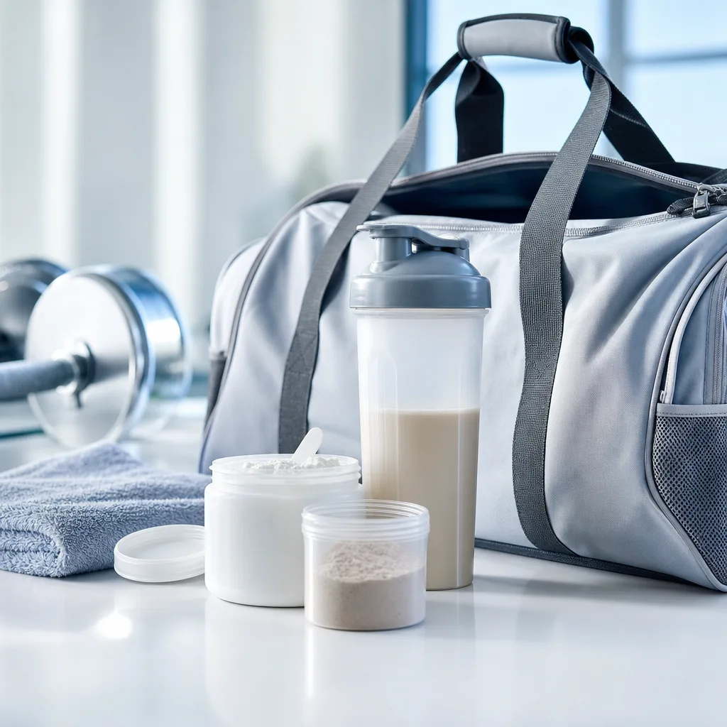 gym bag with a shaker bottle and small containers of supplement powder, no faces