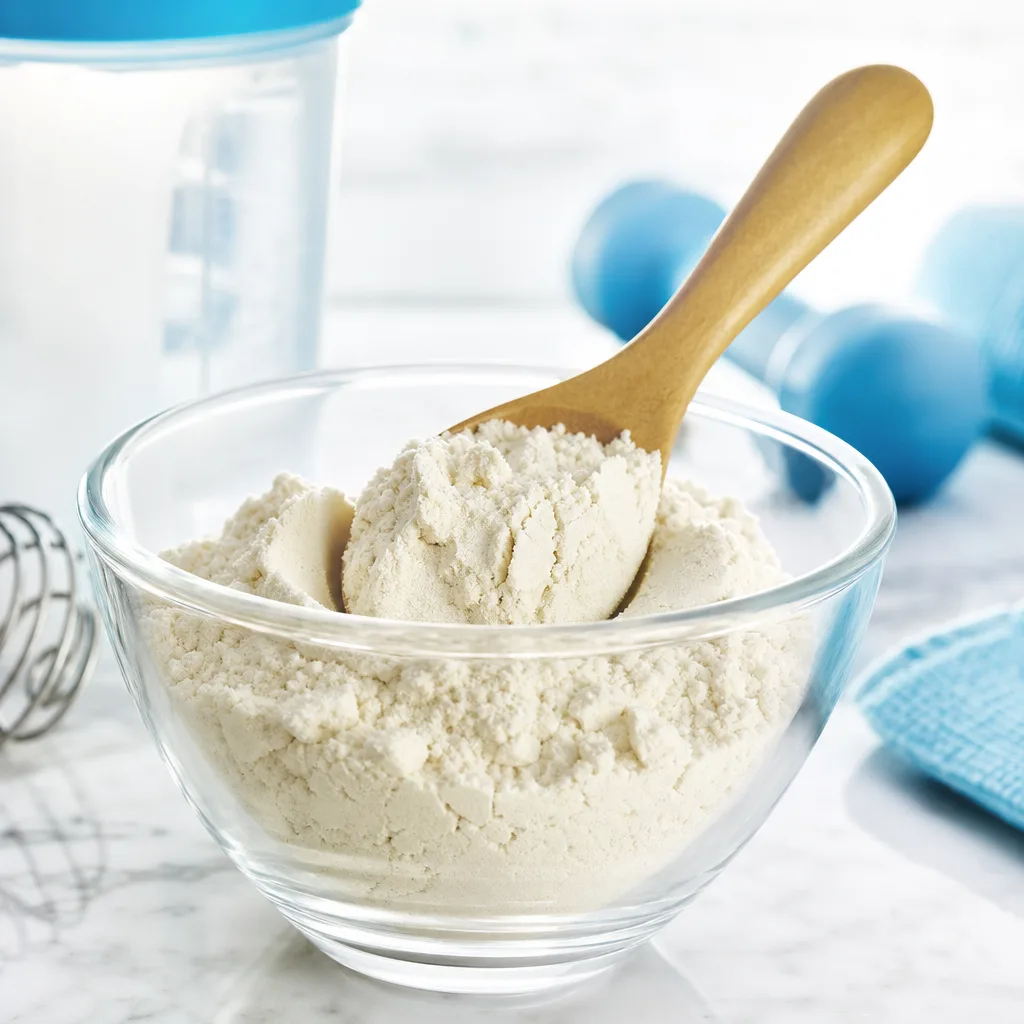close up of a nutrition supplement powder in a glass bowl with a wooden spoon, no text
