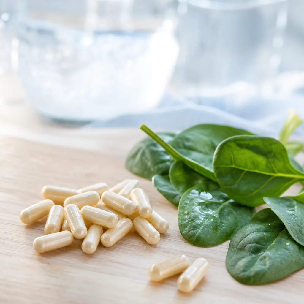 capsules on a wooden surface next to fresh spinach leaves, soft natural light