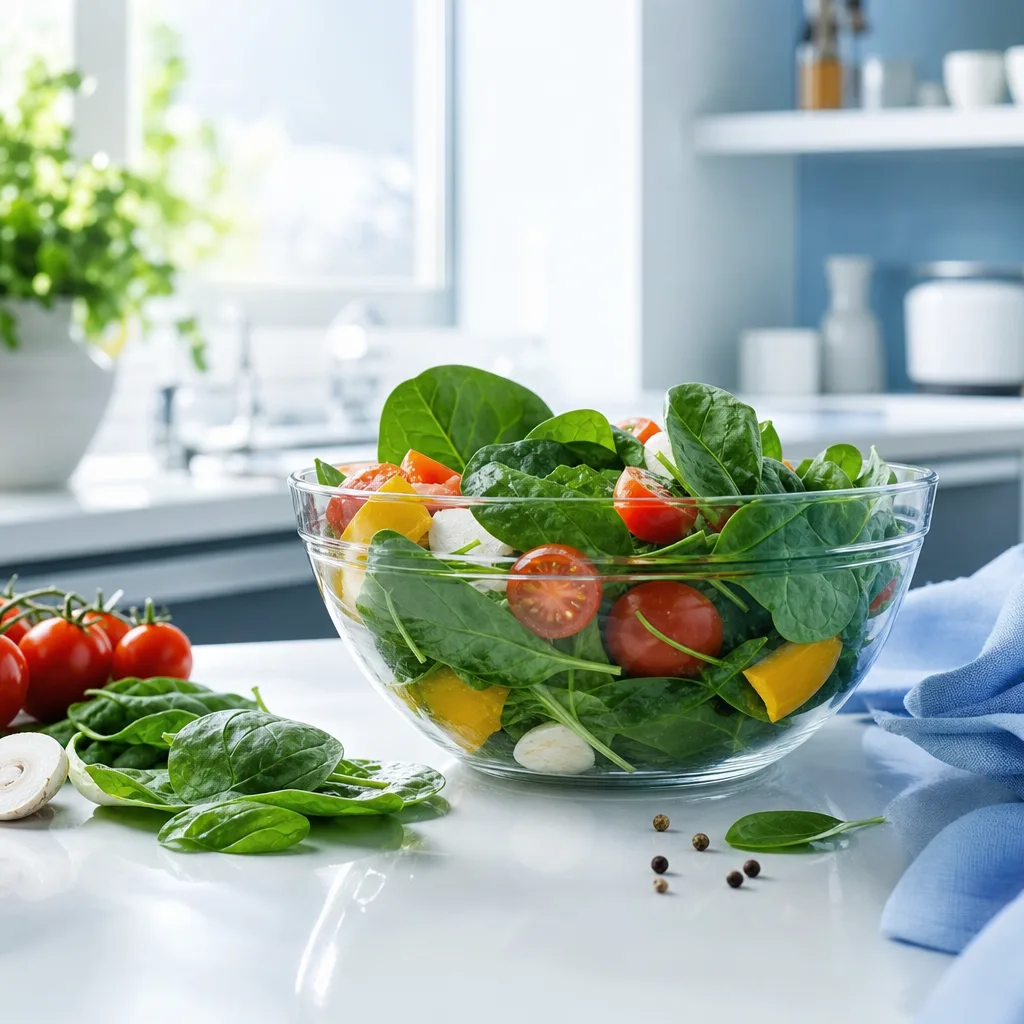 glass bowl with mixed vegetables including spinach and tomatoes on a kitchen counter