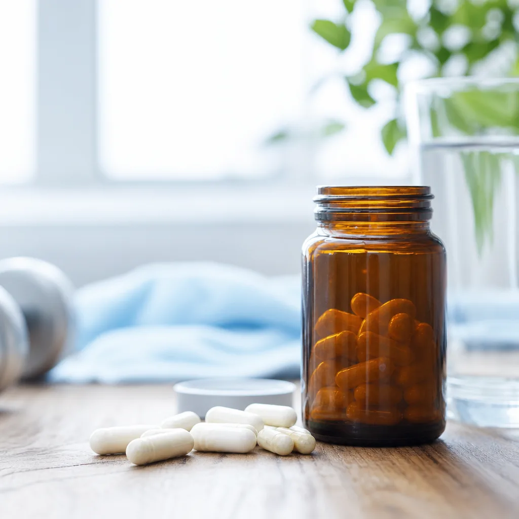 small amber glass bottle and loose capsules on a wooden table, soft light