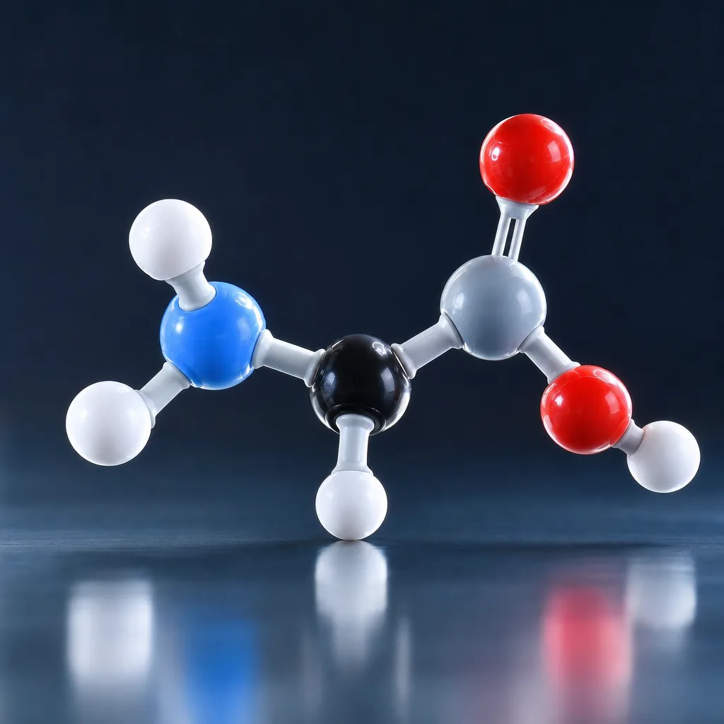 molecular model of an amino acid made from colored balls and sticks on a dark background