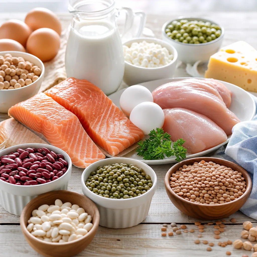 assortment of protein rich whole foods flat lay including eggs, legumes and fish on a wooden table