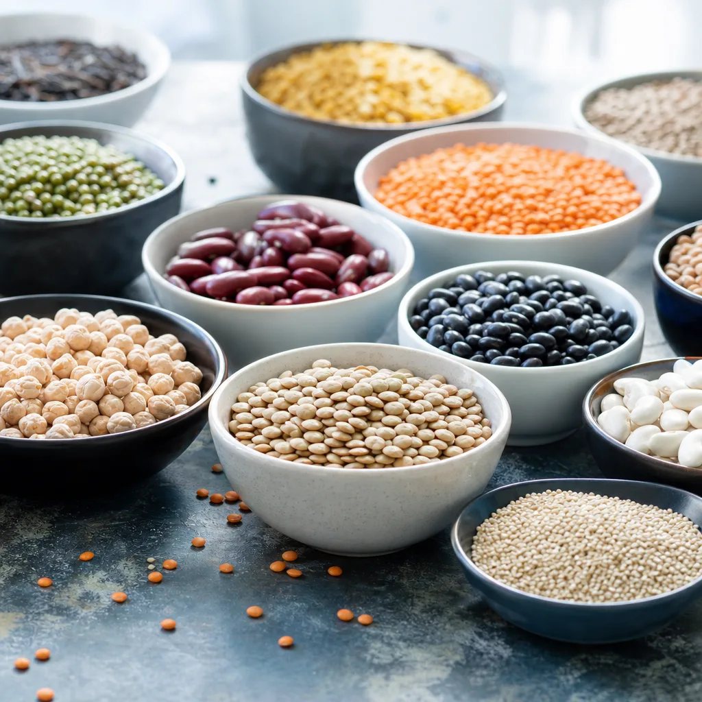 close up of dried lentils, beans and grains in small bowls arranged on a dark surface