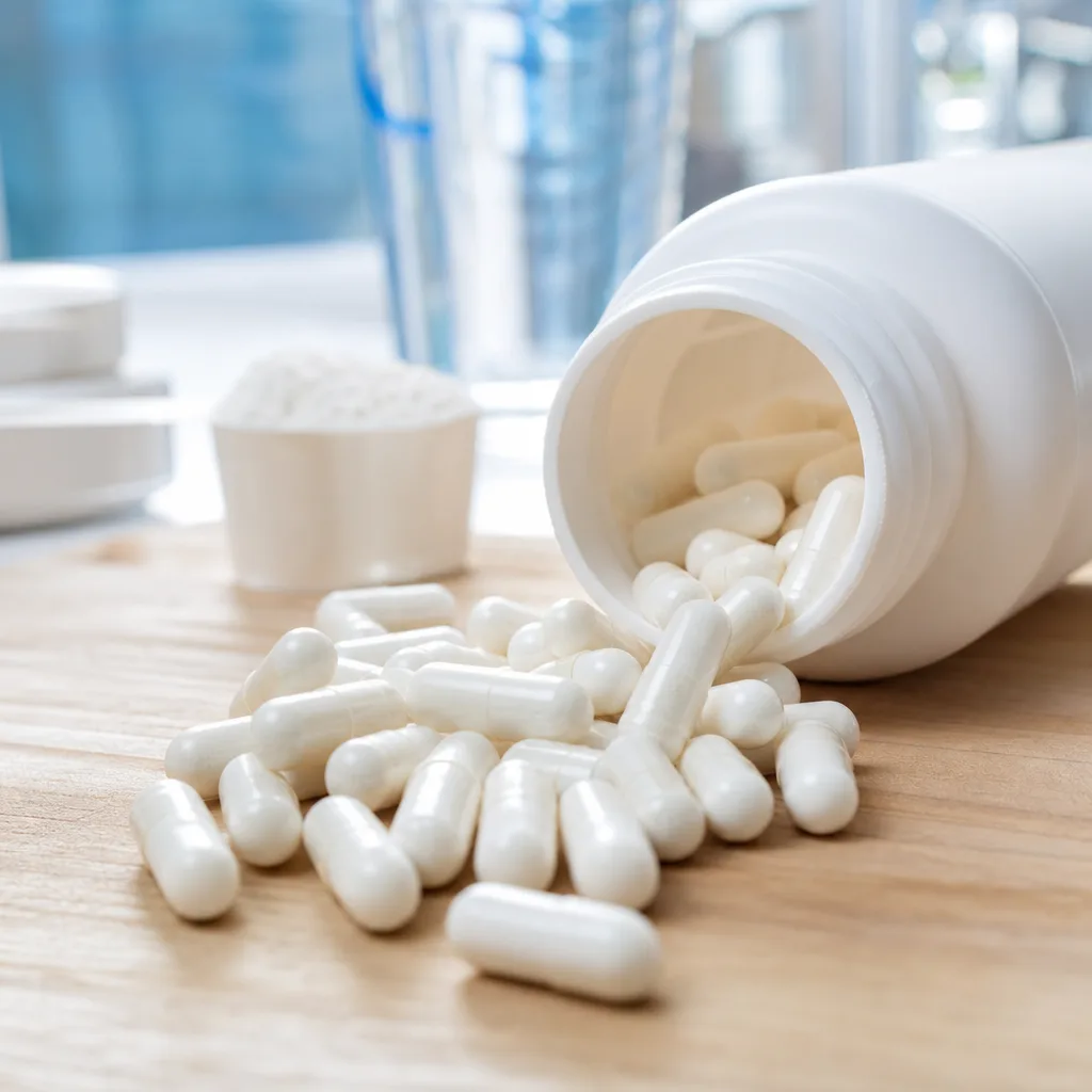 white amino acid capsules spilling out of an open bottle onto a wooden surface