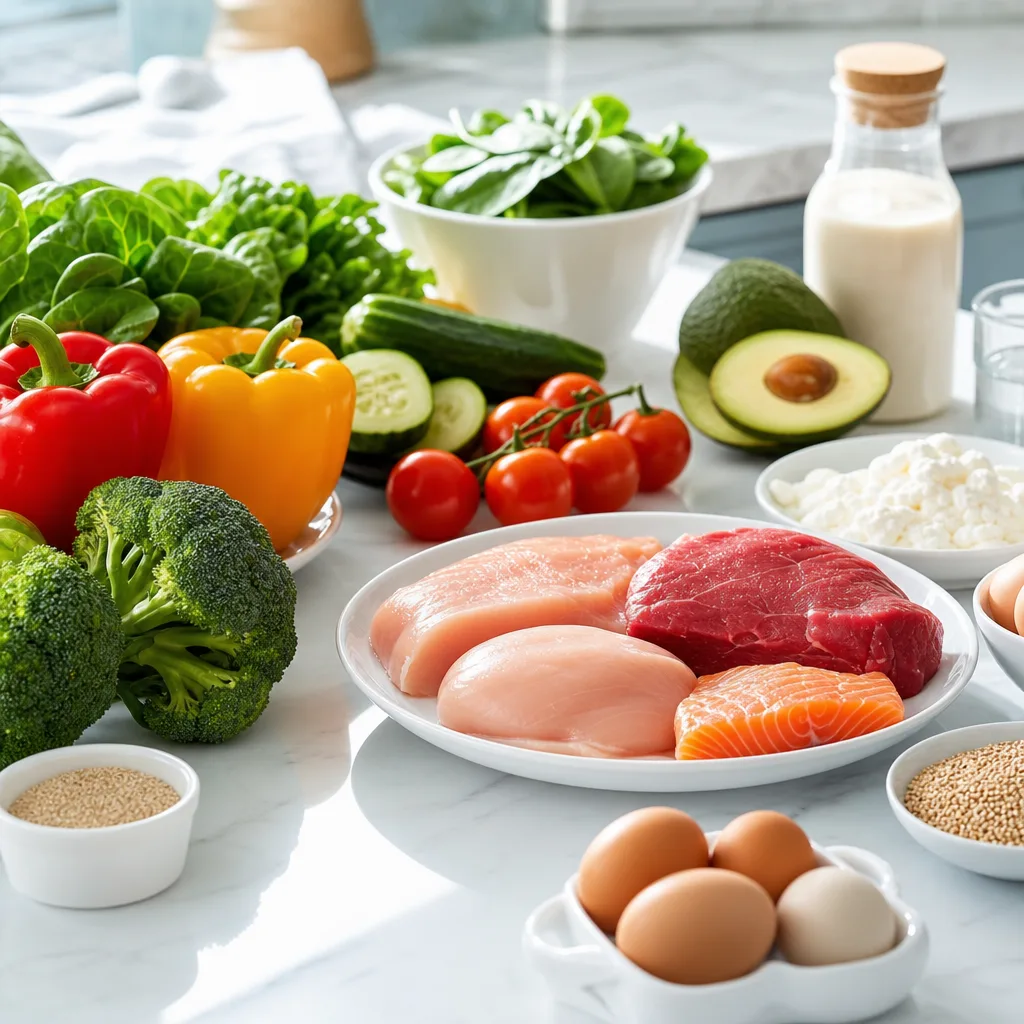 flat lay of fresh vegetables and lean protein sources on a light kitchen counter