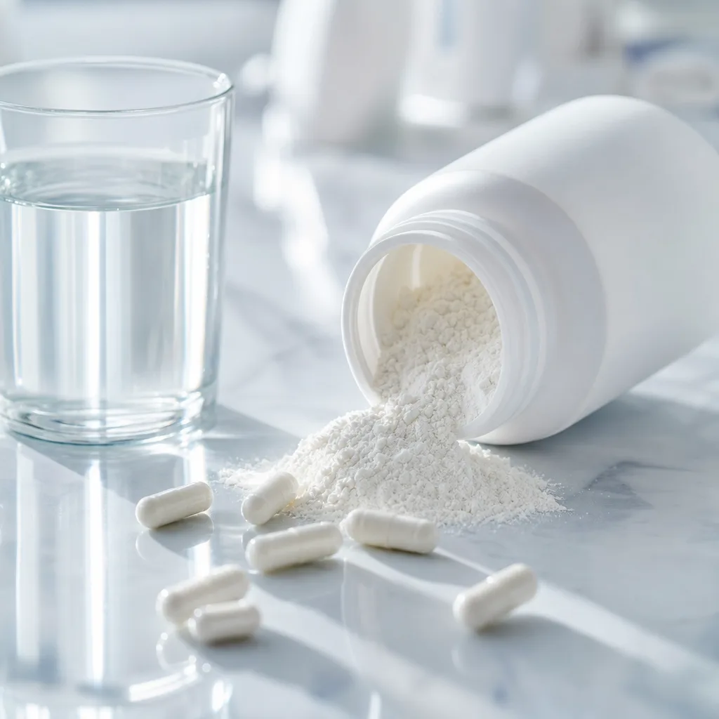 capsules and powder supplement spilling from a bottle onto a dark surface, moody lighting