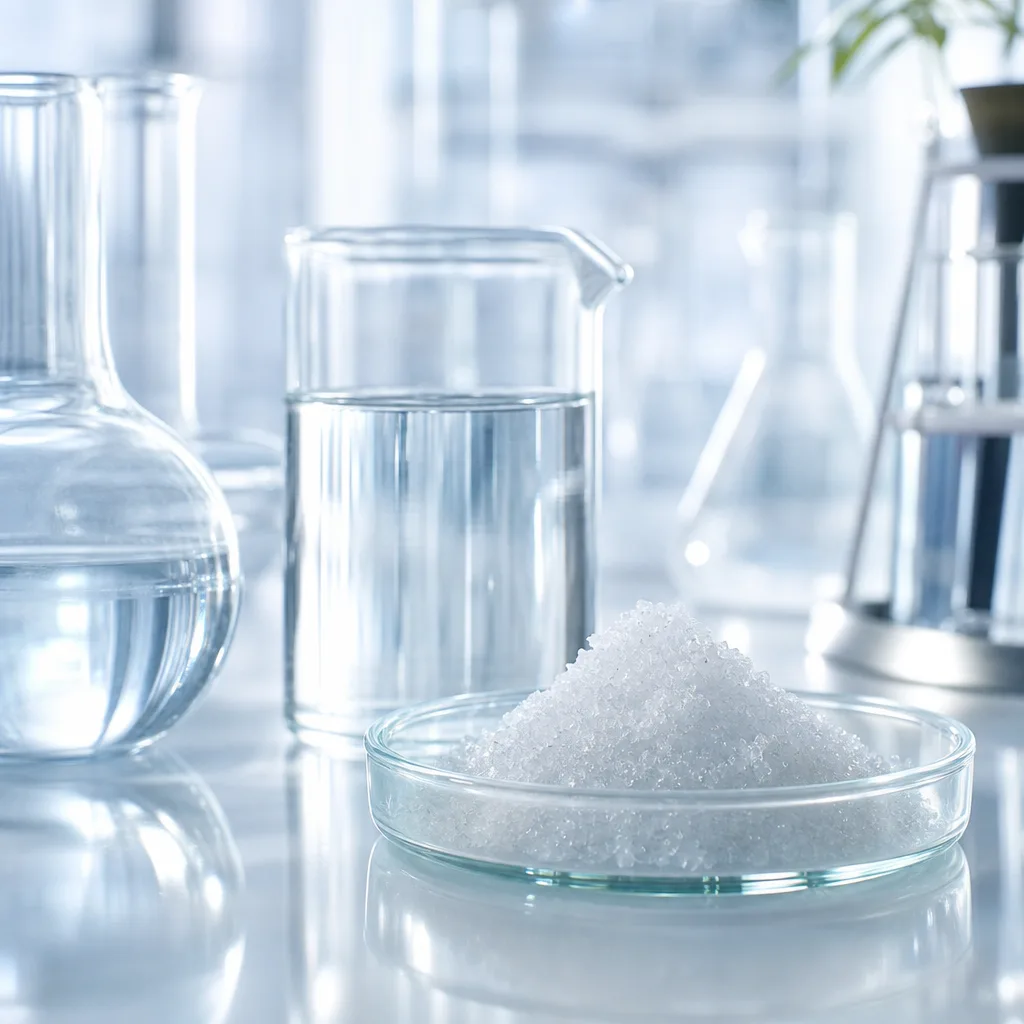 close up laboratory glassware with clear liquid and fine crystals under studio light