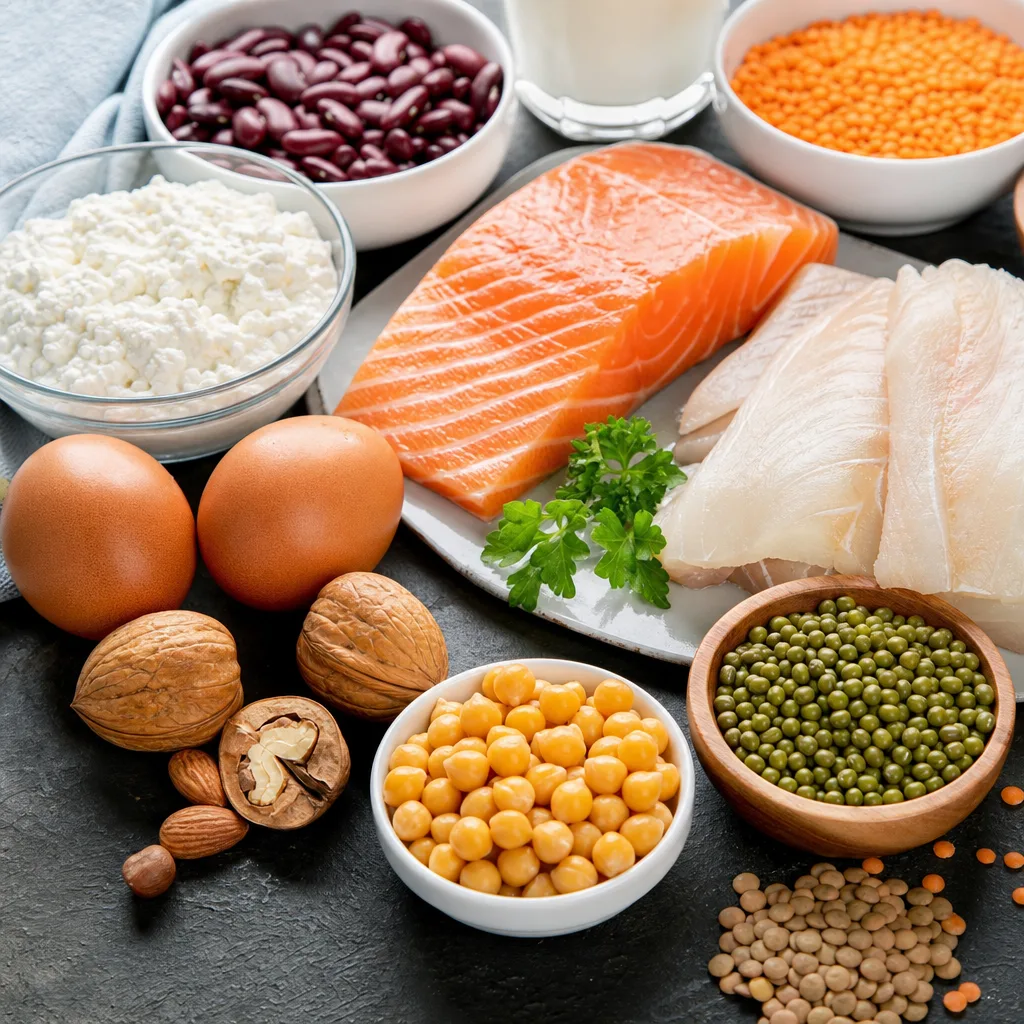 assorted protein rich foods flat lay including eggs, fish fillet and legumes on dark table