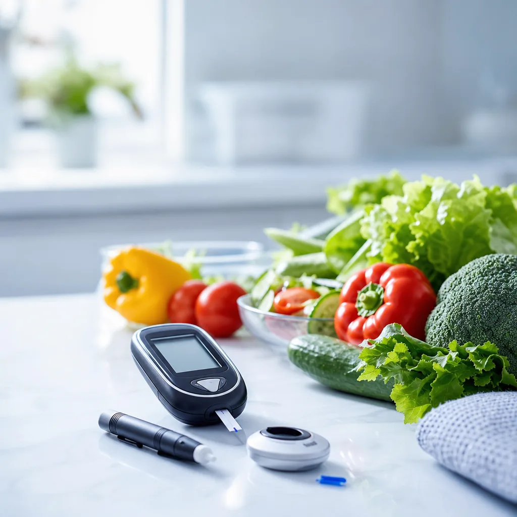 blood glucose monitoring kit and fresh vegetables on a kitchen table, no faces visible