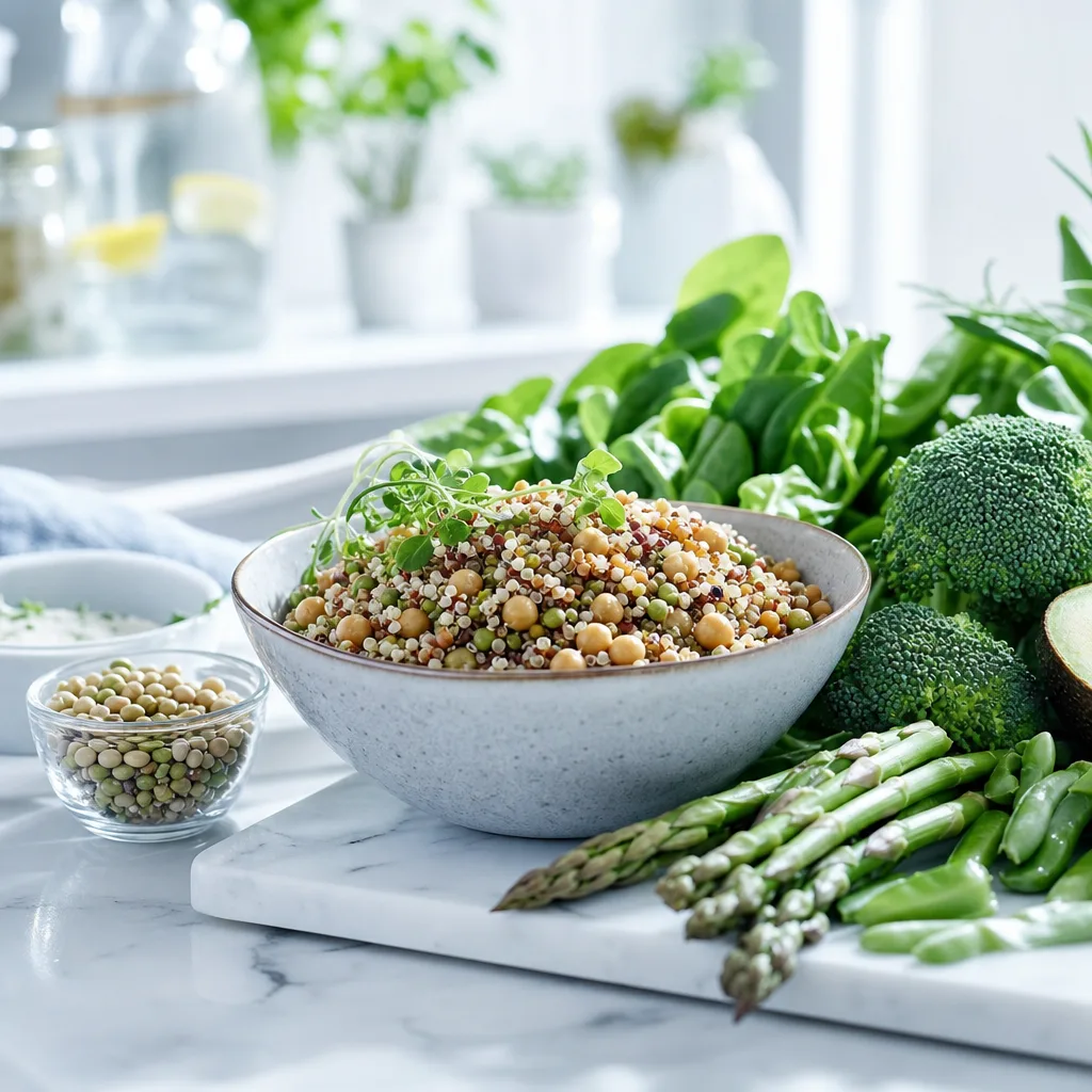 bowl of whole grains and legumes next to fresh green vegetables, soft daylight