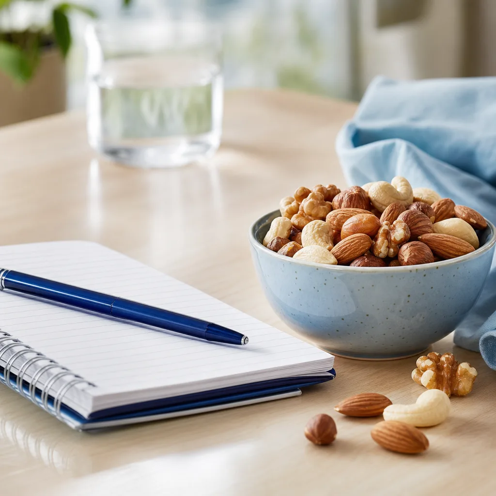 notebook and pen next to a small bowl of mixed nuts on a wooden desk, soft light