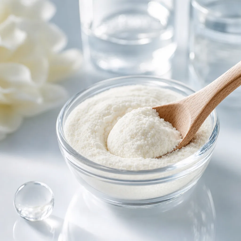 macro photo of collagen powder in a small glass bowl with a wooden spoon, soft natural light