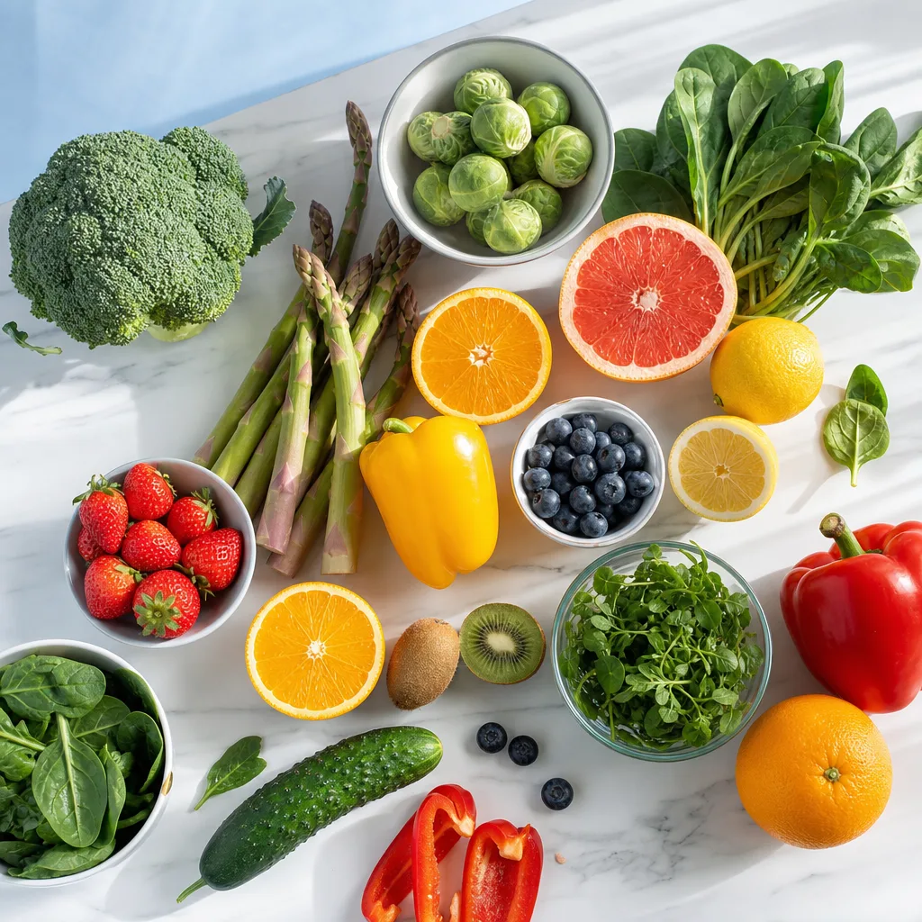 assorted fresh vegetables and citrus fruit on a light kitchen counter, overhead flat lay
