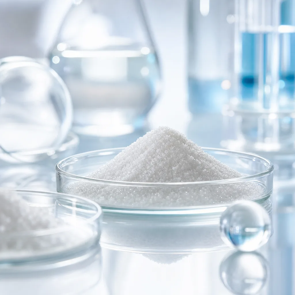 close up laboratory glassware with fine white crystalline powder under studio lighting