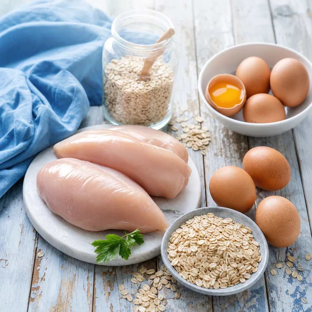 flat lay of raw chicken breast, eggs and oats on a rustic wooden table