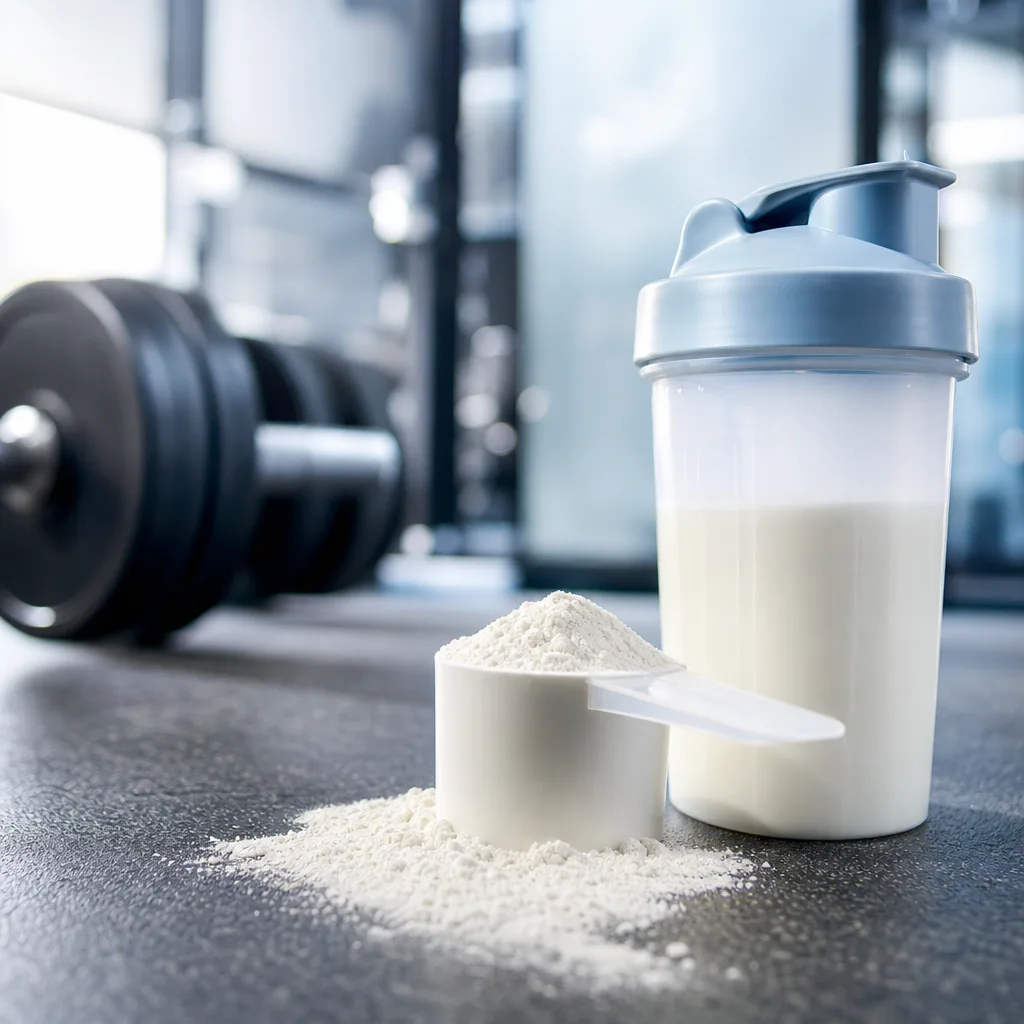 scoop of white protein powder next to a shaker bottle on a dark gym floor