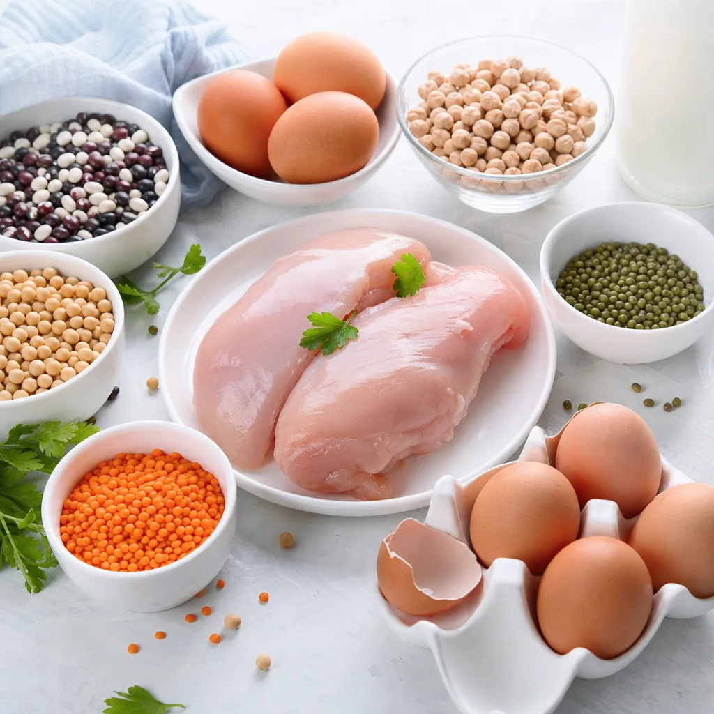 flat lay of protein rich foods including eggs, chicken breast and legumes on a light surface