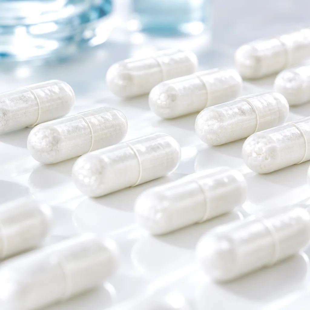 clear capsules filled with white powder arranged in rows on a light background