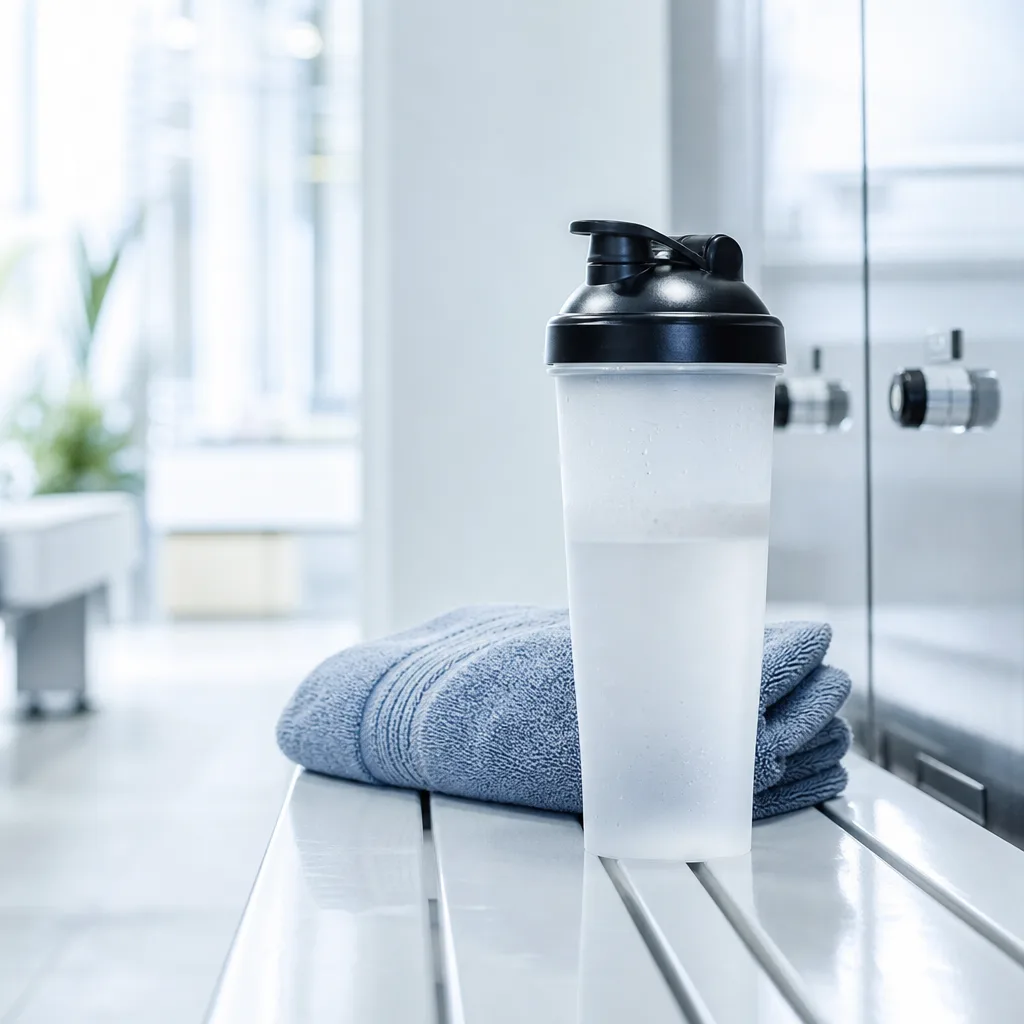 athletic shaker bottle and a folded gym towel on a locker room bench, soft light