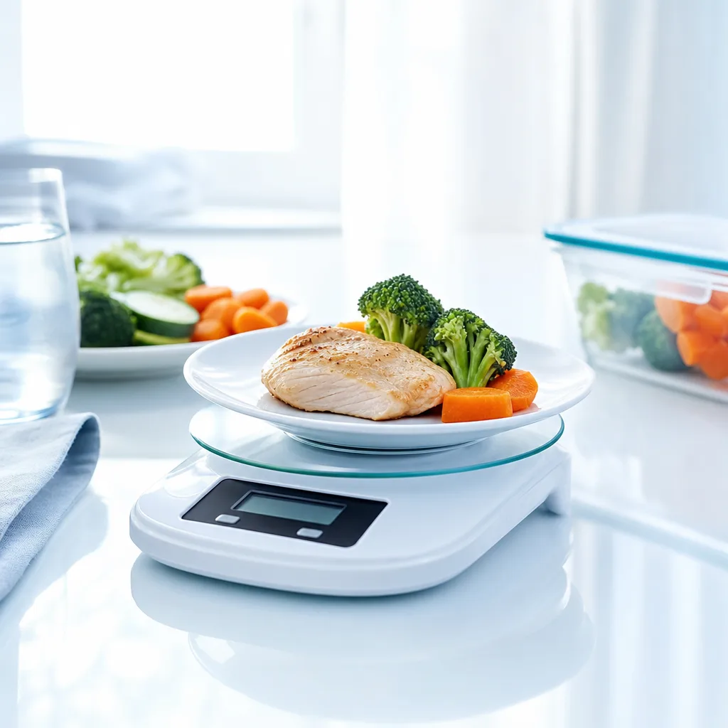 kitchen scale with a small portion of chicken breast and vegetables, natural light