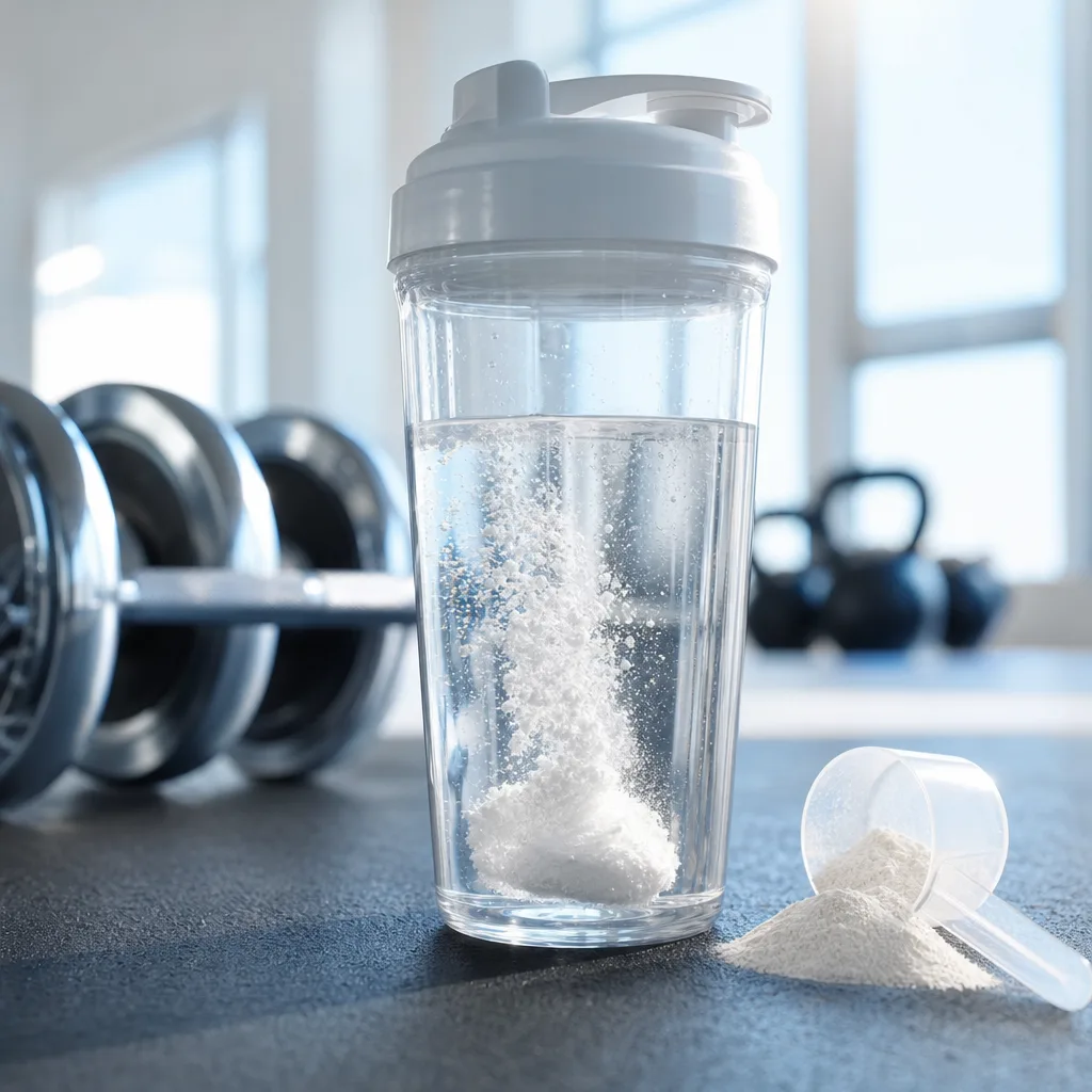 clear glass shaker bottle with amino acid powder dissolving in water on gym floor