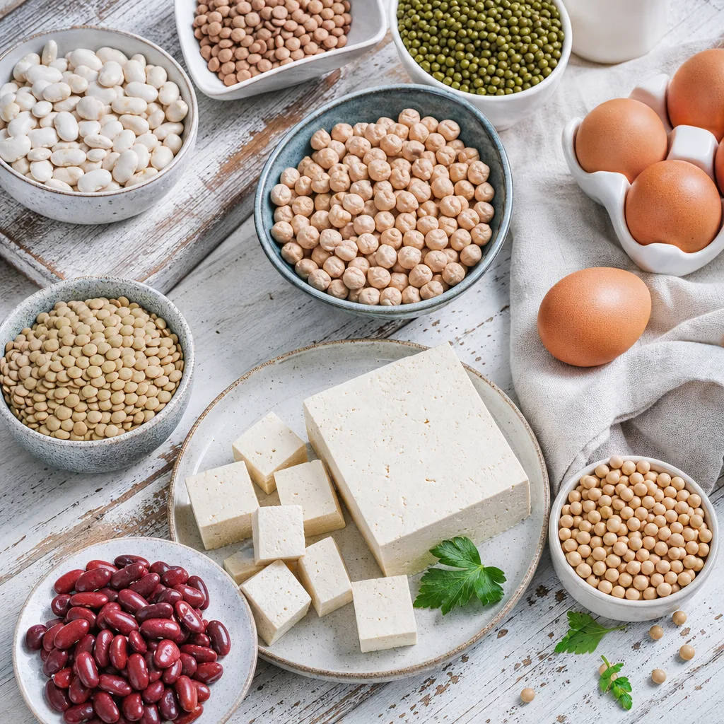 variety of legumes, tofu cubes and eggs arranged on a rustic table, top down view