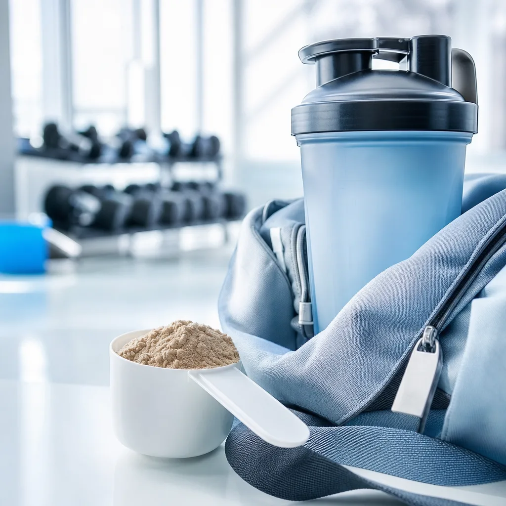 scoop of protein powder next to a shaker bottle in a gym bag, soft daylight