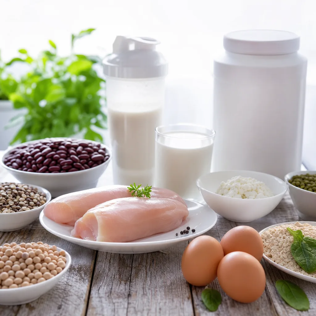 assorted protein foods including eggs, chicken breast and beans on a rustic table