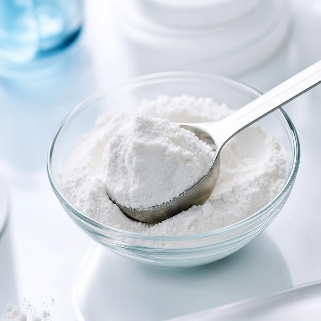 white amino acid powder in a glass bowl with a metal measuring spoon, studio lighting