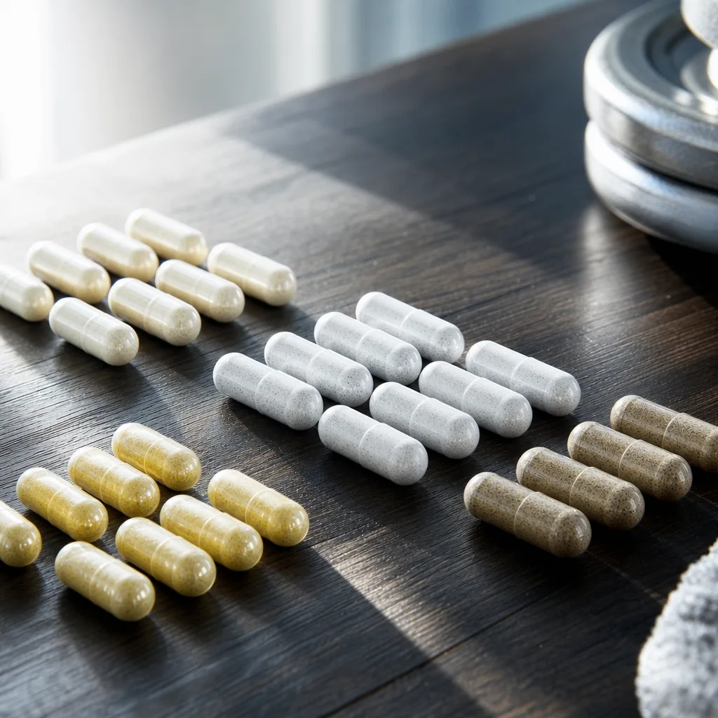 amino acid capsules arranged neatly on dark wood surface with dramatic side light