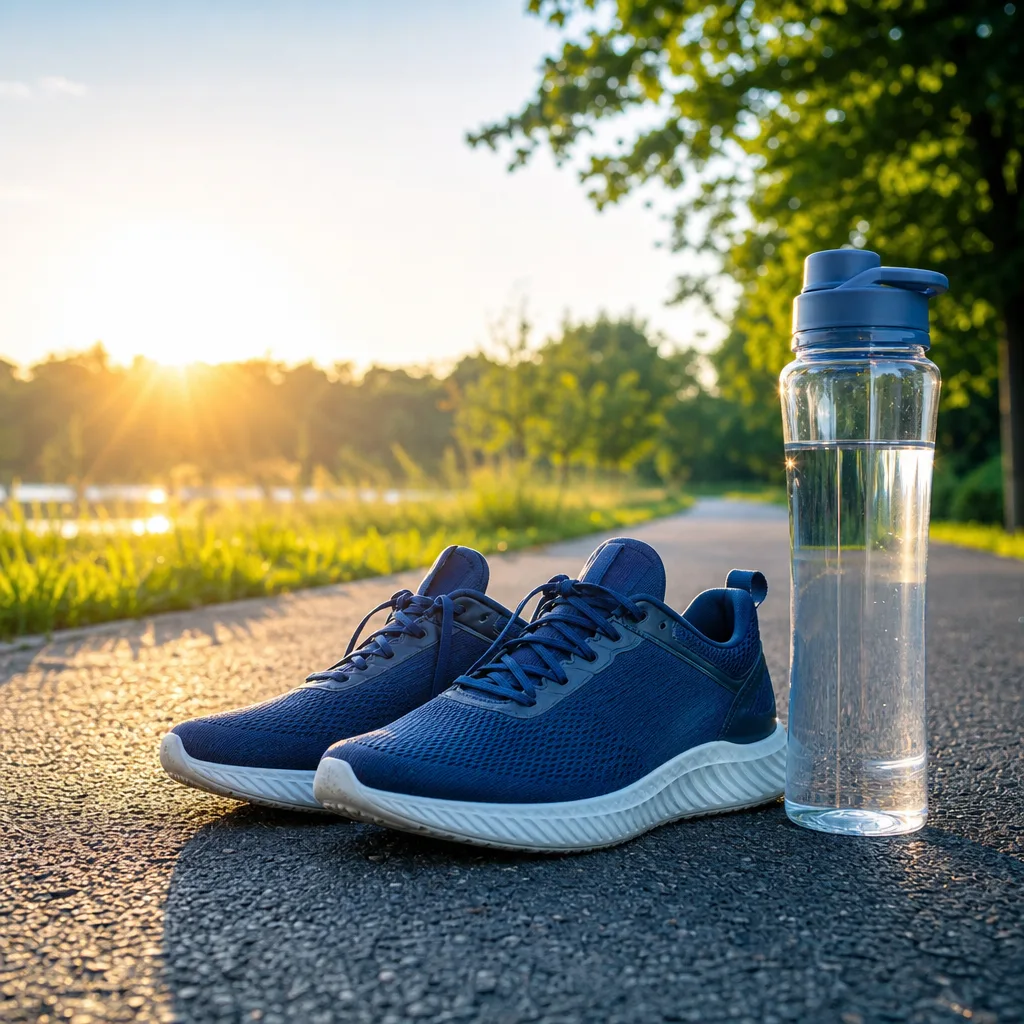 pair of running shoes and a water bottle on a park path at sunrise, no people visible