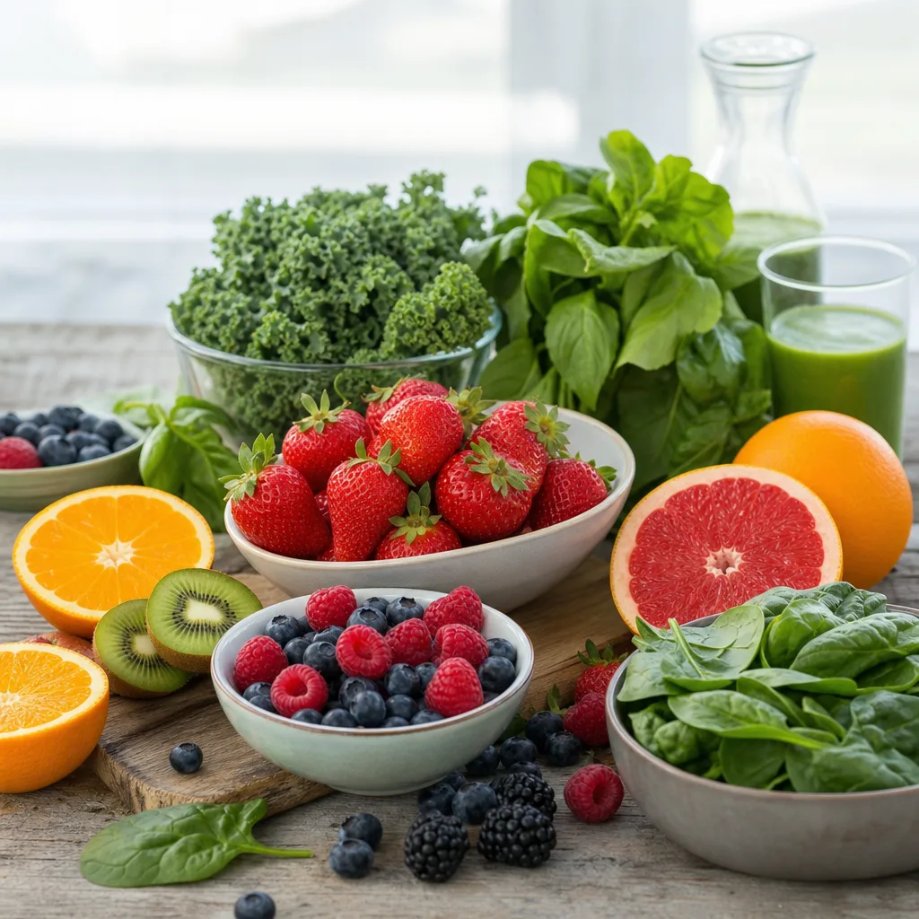 colorful assortment of berries, citrus and leafy greens on a rustic table