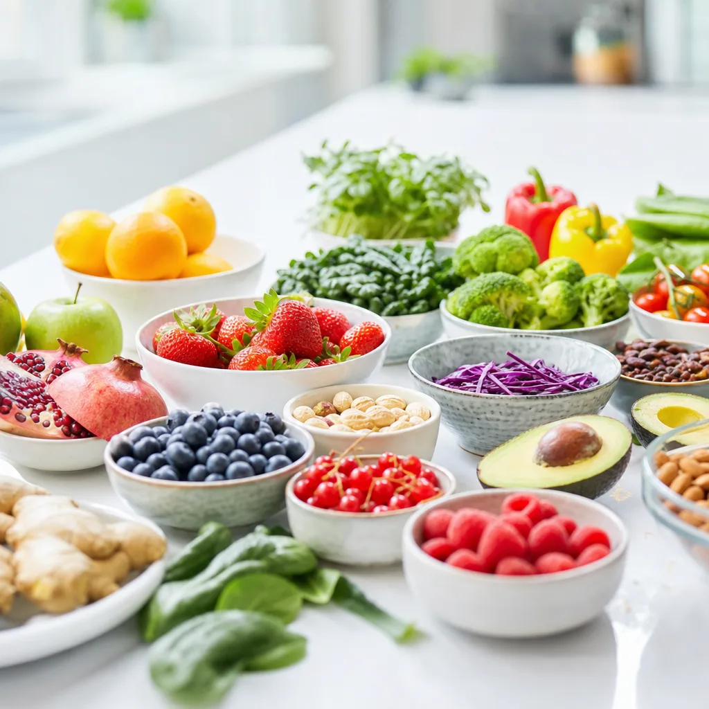 colorful vegetables and fruit arranged in small bowls on a kitchen counter