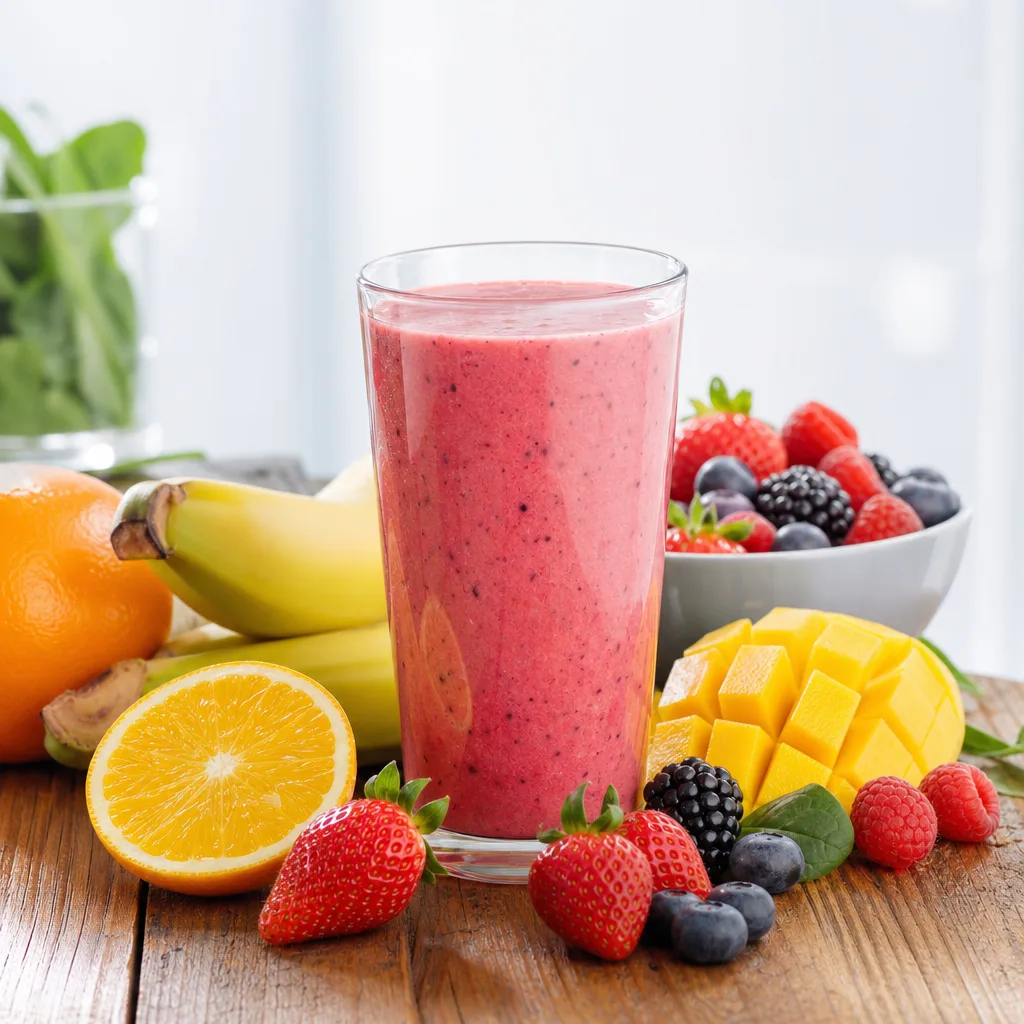 glass of orange and berry smoothie next to whole fruit on a wooden table