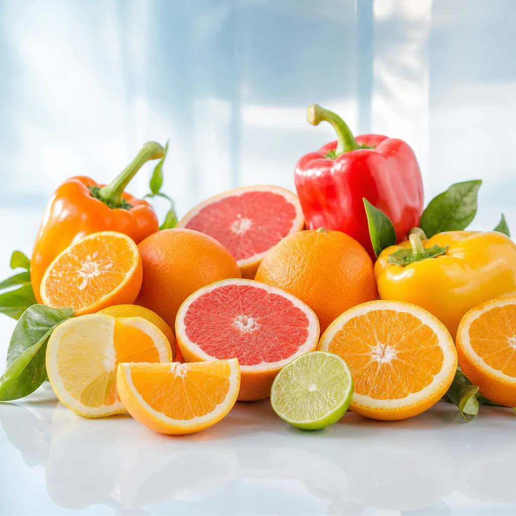 fresh citrus fruits and bell peppers arranged as a colorful flat lay