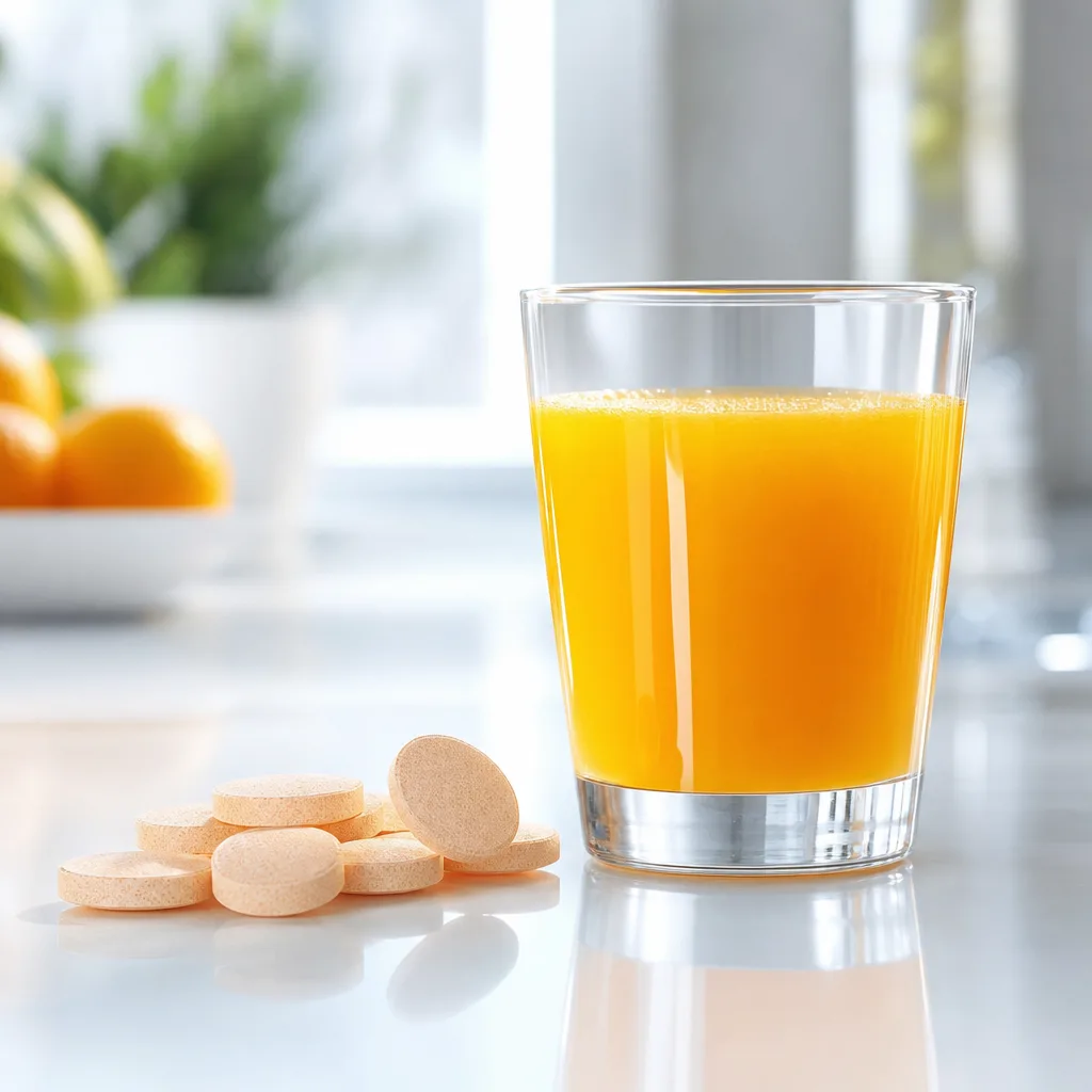 glass of orange juice next to a small pile of vitamin C tablets on a table