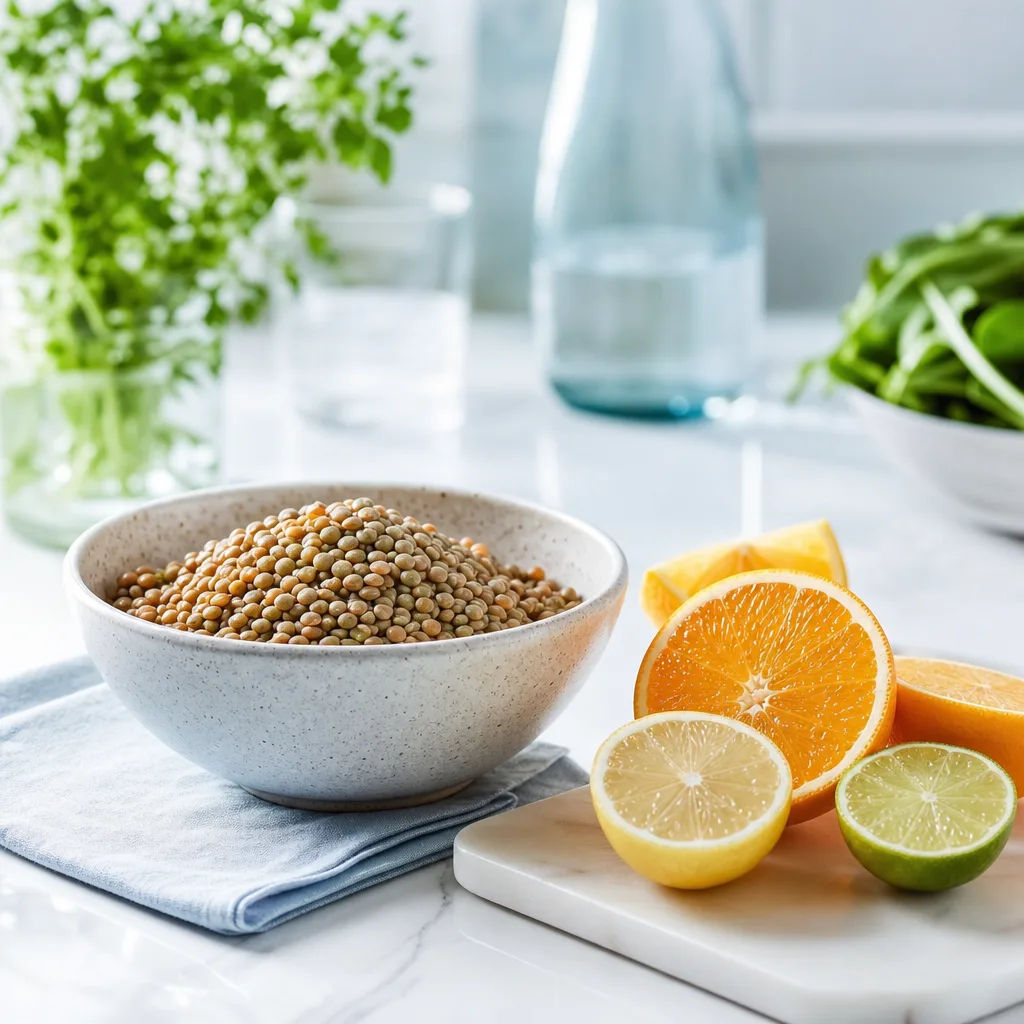 bowl of lentils next to sliced citrus fruit on a kitchen table