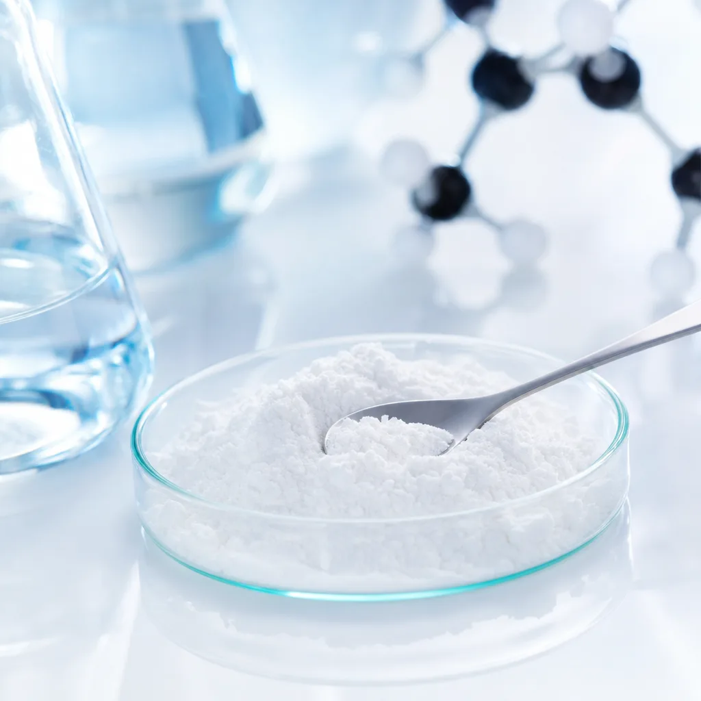 white amino acid powder in a laboratory glass dish with a small spoon