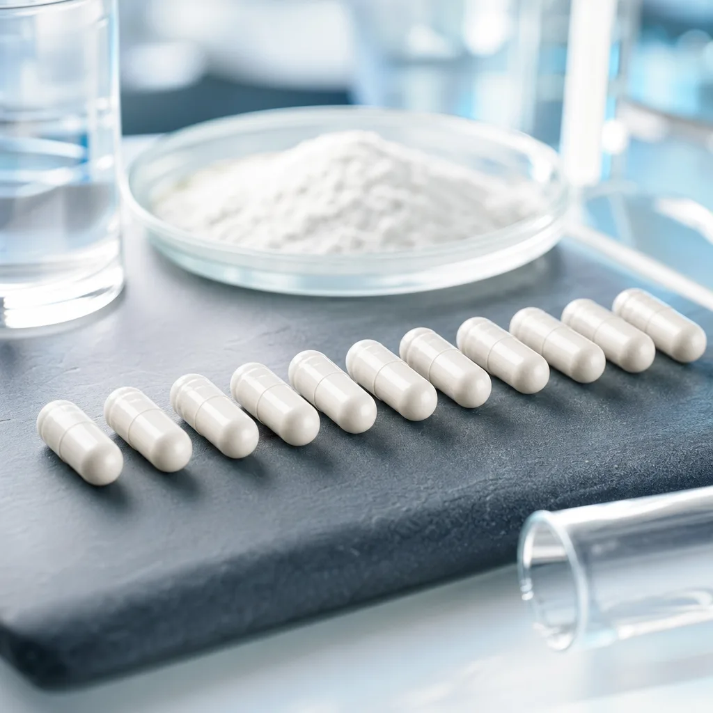 amino acid capsules arranged in a neat row on a dark surface