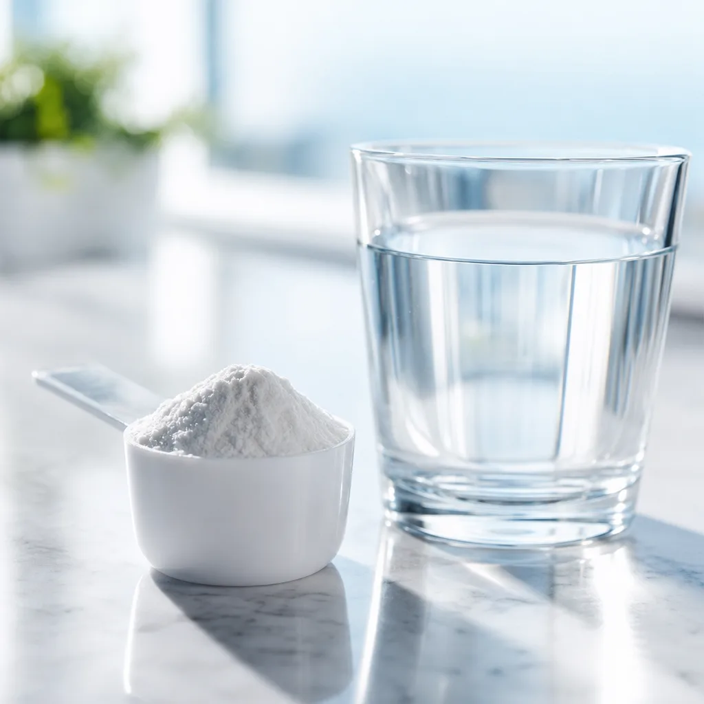 measuring spoon with white powder next to a glass of water on a table
