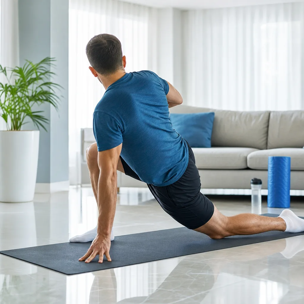 Man in athletic wear performing a hip mobility exercise on a mat in a bright living room